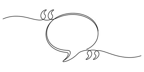 Continuous line art drawing of a speech bubble with quotation marks on a white background Vector, illustration