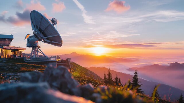 Satellite dish mountain sky clouds sunset communication technology landscape nature antenna view