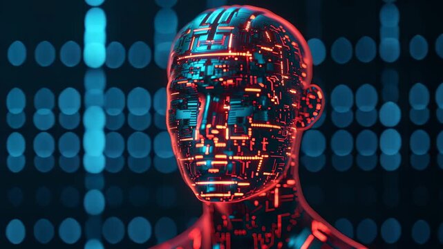 Futuristic digital human face glowing circuit board technology with blue and red light patterns