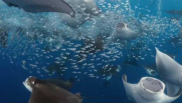 A group of Mobula rays using mouths scooping up Lanternfish in the Pacific ocean, off the coast of Costa Rica, Central America