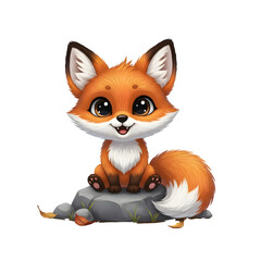 Cute Cartoon Fox Sitting on a Rock with Big Eyes and Fluffy Tail cute animal baby fox