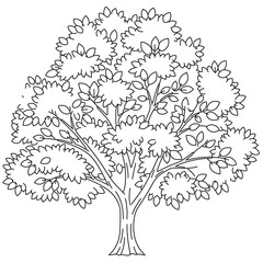 Intricate detailed line art drawing of a lush, full-leafed deciduous tree, showing its textured trunk, multiple branches, and dense foliage on transparent background