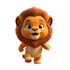 Cute Cartoon Lion Cub Walking Forward with Big Blue Eyes and Orange Mane on White Background