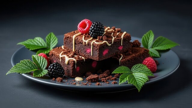 Decadent chocolate brownies stacked on a dark plate, garnished with fresh blackberries, raspberries, and mint leaves, creating a rich, dark food photography composition