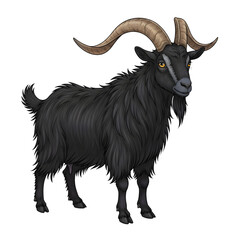 Detailed Illustration of a Black Goat with Large Curved Horns Standing animal mammal