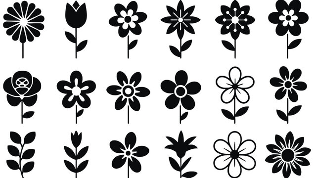 A collection of various black flower icons on a white background