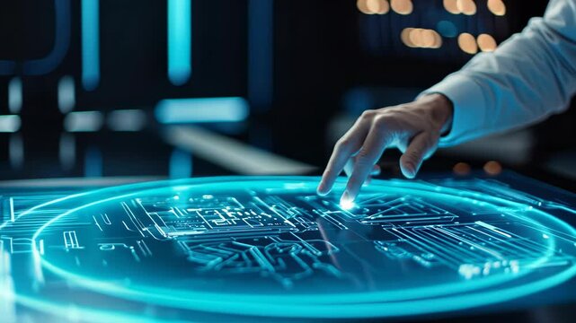 Futuristic digital technology interface with hand interacting transparent touchscreen display panel