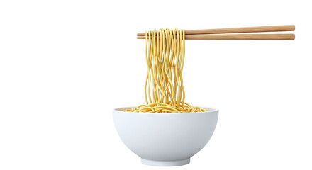 Noodles lifted by chopsticks from a white bowl
