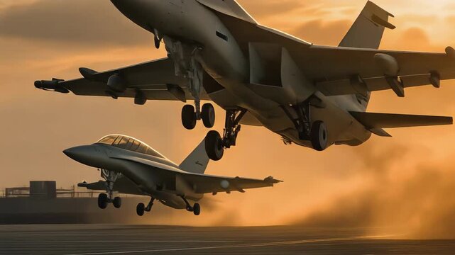 Military jets on an aircraft carrier at sunset, surrounded by mist and dramatic lighting.