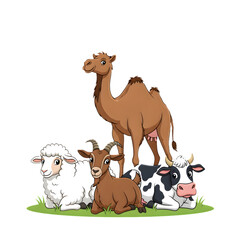 Farm Animals Camel Sheep Goat and Cow Resting on Grass graphic design