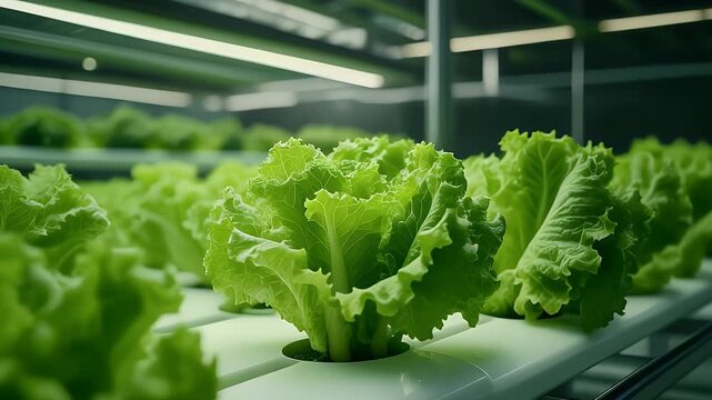 Vibrant Green Lettuce Rows Growing Under Bright Artificial Lights in a Modern Hydroponic Farm