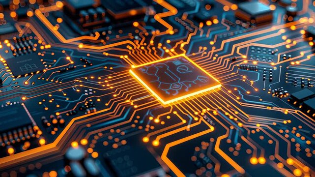 Glowing orange circuit board microchip electronic pathways close up glowing technology components