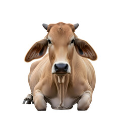 Front View of a Light Brown Cow Lying Down with Large Ears and Horns on White Background cattle