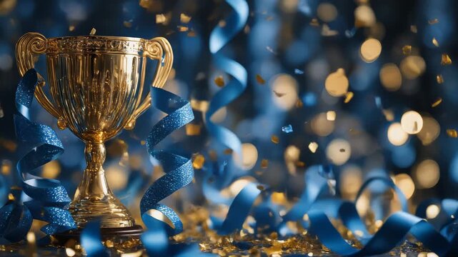 A shiny trophy surrounded by blue ribbons and golden confetti against a blurred background.