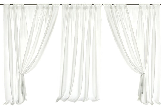 White sheer curtains with different drapery styles on white background png isolated on a transparent background