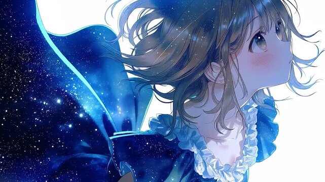 Fantasy anime girl wearing a starry sky dress, looking up
