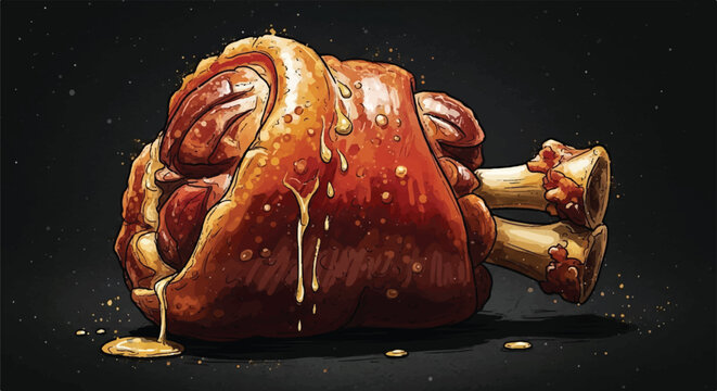 Roasted Pork Knuckle Schweinshaxe Illustration, Crispy Ham Hock with Honey Glaze on Dark Cinematic Background, Comic Art