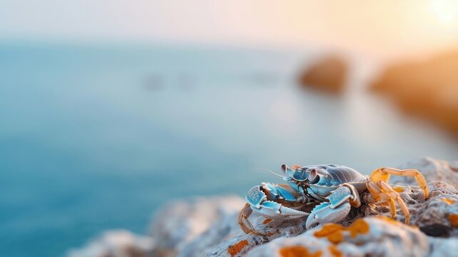 Crab crossing rugged rocky coastline with ocean backdrop, shell reflecting harsh sunlight, dramatic and striking.