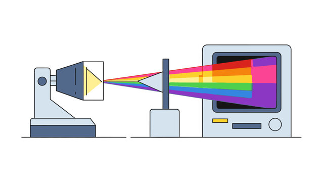 A simple diagram showing a prism refracting light through a slit onto a computer monitor screen with a colorful spectrum display.