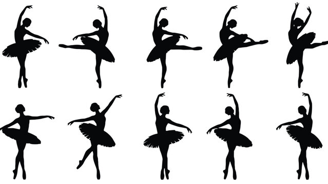 A group of ballet dancers in various poses on white background