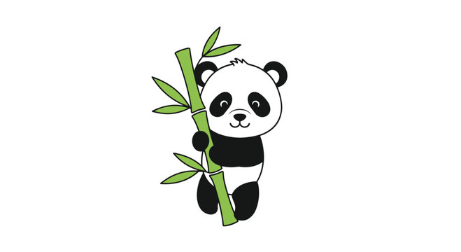 Adorable black and white panda bear character climbing a green bamboo stalk against a plain white background.