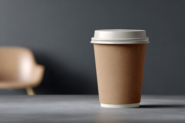 Brown paper coffee cup with white lid on a table in a minimal interior setting. Clean studio composition ideal for branding, packaging mockups, cafe advertising.