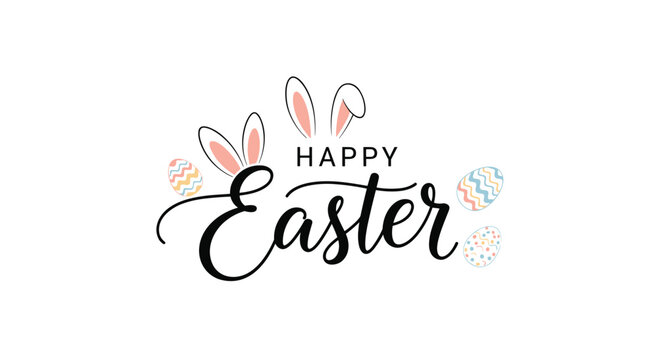 Happy Easter text in elegant calligraphy is decorated with cute bunny ears and colorful patterned eggs on a clean white horizontal layout.