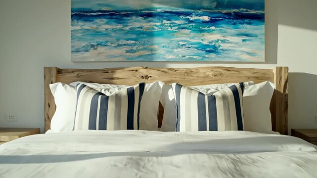 Cozy bedroom with wooden bed frame and oceaninspired painting on the wall above