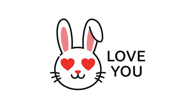 Cute white bunny head has red heart-shaped eyes and sits next to the text Love You in a simple and romantic illustration for Valentine's Day.