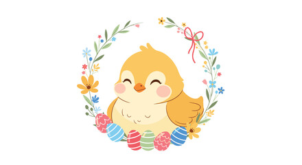 Cute yellow chick character sitting inside a delicate floral wreath with colorful patterned Easter eggs at the bottom.