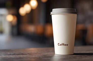 White paper coffee cup with lid on wooden table, blurred background. Warm lighting lifestyle for coffee branding, cafe advertising, takeaway packaging mockups, modern beverage marketing.