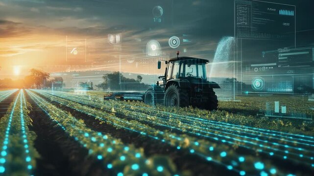 A tractor working in a field at sunset with digital overlays illustrating technology in agriculture.
