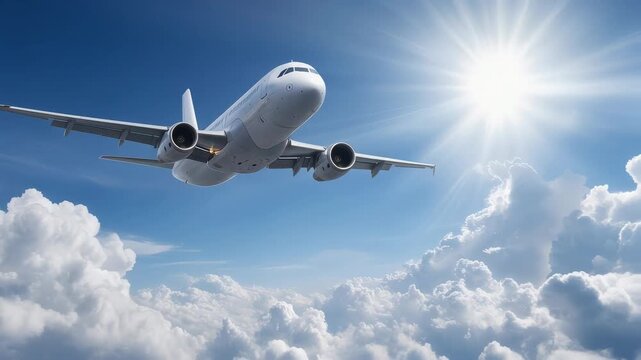 An airplane flying above fluffy clouds under a bright blue sky.