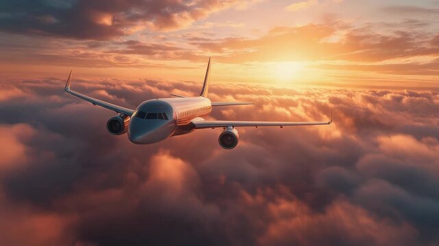 An airplane flying through colorful clouds at sunset.