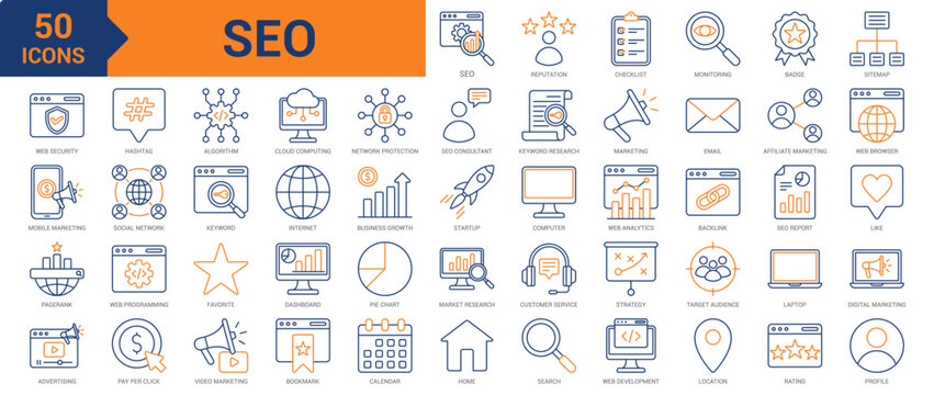 SEO colored line icon collection set. Containing keyword, research, sitemap, reputation, SEO monitoring, web security, digital marketing, PageRank, advertising, hashtag, algorithm, backlink icons