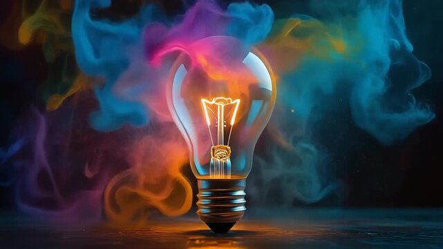 Glowing incandescent bulb with warm filament surrounded by colorful smoke on dark background.