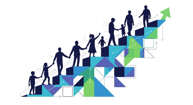 Illustration of people helping each other up a colorful geometric staircase with a flying bird icon, symbolizing freedom and progress on a bright day.