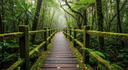 Obraz premium Wooden walkway guides exploration through dense, misty tropical foliage