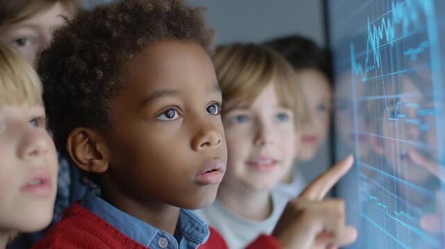 Children gather in a classroom to explore technology together. They interact with digital screens while learning about data and its uses. Their focus shows their interest in the topic