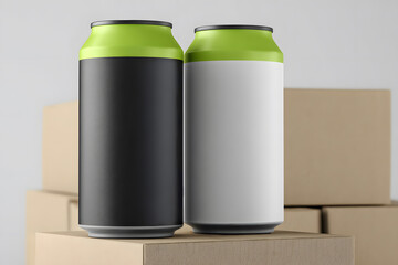 Two blank aluminum beverage cans with green tops in black and white designs standing on cardboard boxes, revealing clean packaging mockup for branding, drink label design, marketing presentation.