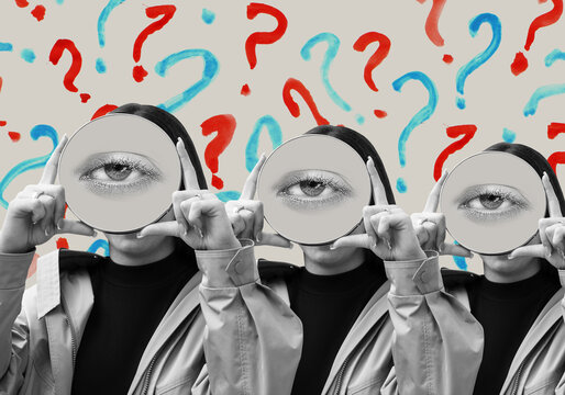 Collage with a woman holding a mirror that reflecting eye on question marks background	
