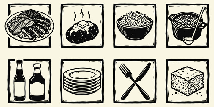 Vintage BBQ and Comfort Food Icon Set Woodcut Style Illustrations