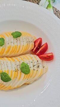 Close-up of fresh Korean melon salad with cherry tomatoes and mint leaves