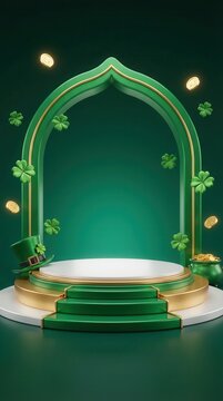 St. Patricks Day Celebration with Green Arch, Podium, and Lucky Charms.