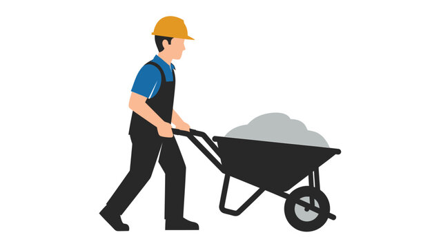 Man in hard hat pushing loaded wheelbarrow with gray material on white background