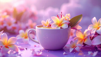 Spring cozy coffee. Steaming cup of coffee adorned with vibrant plumeria flowers on purple surface