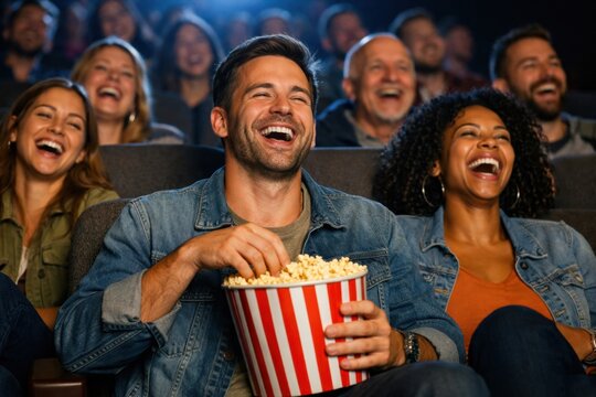 People laughing and eating popcorn while watching a funny movie together in a cinema with happy mood