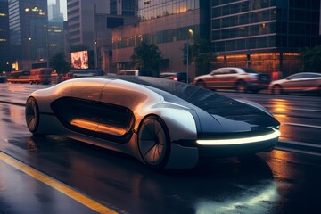 Fototapeta premium Autonomous sleek electric car traveling along a wet road in a smart city at dusk