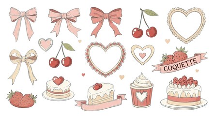 A collection of sweet treats and decorations with hearts and bows