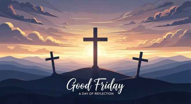 Solemn vector illustration shows three crosses silhouetted on a hill against a dramatic golden sunset sky, marking good friday.
